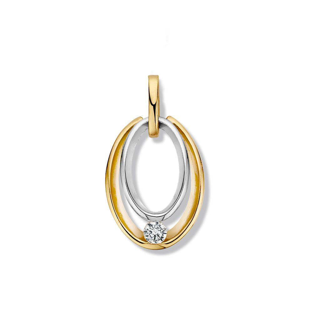 Ciondolo bicolore in oro bianco e giallo con zircone, forma ovale e design elegante.