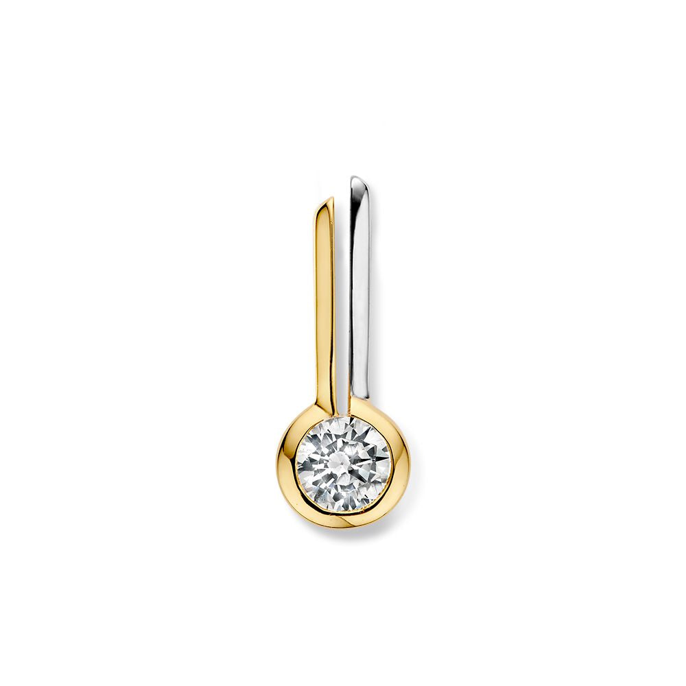 Ciondolo bicolore in oro con zircone, forma semplice e moderna, con finitura lucida.