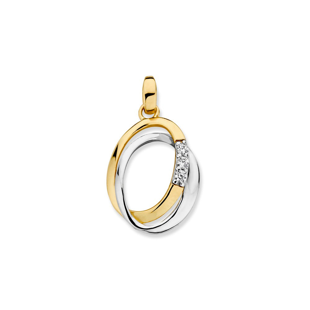 Ciondolo bicolore in oro 14K con zircone, forma ovale e dettagli lucidi.