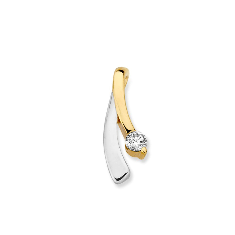 Ciondolo bicolore in oro 14K con zircone, finitura lucida, forma ondulata.