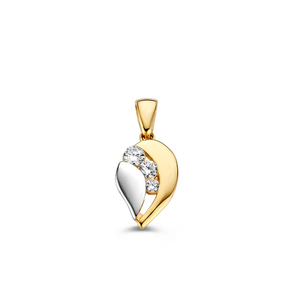 Ciondolo bicolore in oro con zircone, forma a goccia con dettagli lucidi.