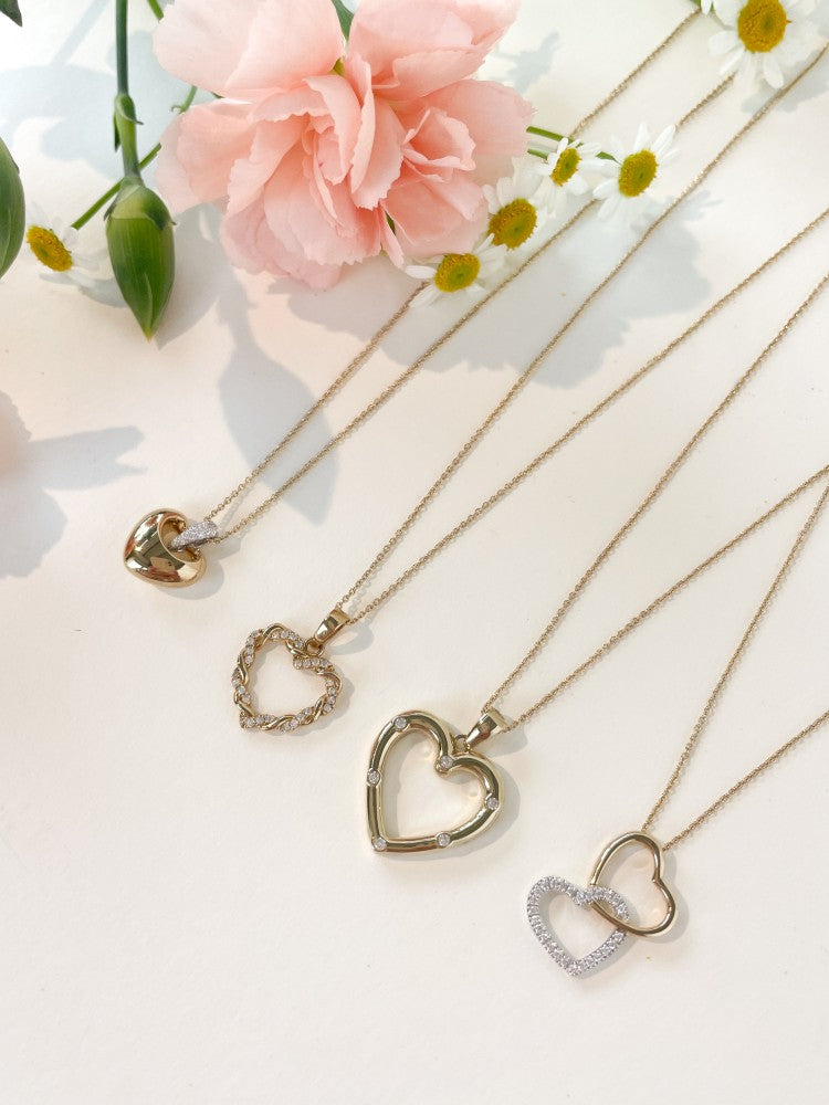 Ciondolo in Oro con Due Cuori Uniti – Oro Giallo/Bianco 14 Carati – Zirconia