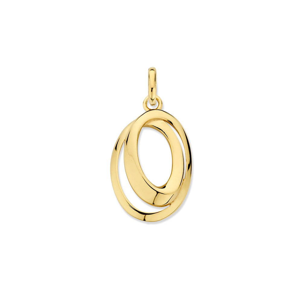 Ciondolo in oro giallo 14K con due cerchi ovali intrecciati.