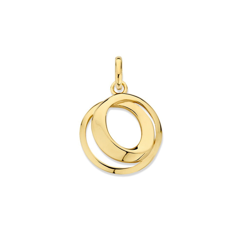 Ciondolo in oro giallo 14K con due cerchi interconnessi, design sottile ed elegante.