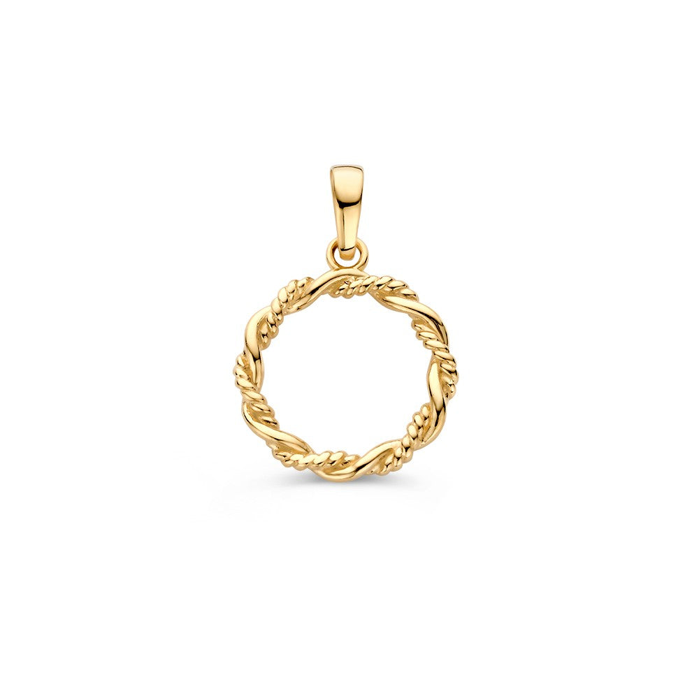 Ciondolo circolare in oro giallo 14K con design intrecciato.