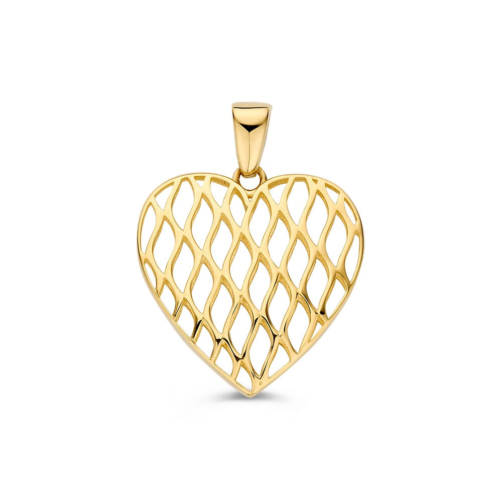 Ciondolo a forma di cuore in oro giallo con motivo intrecciato.