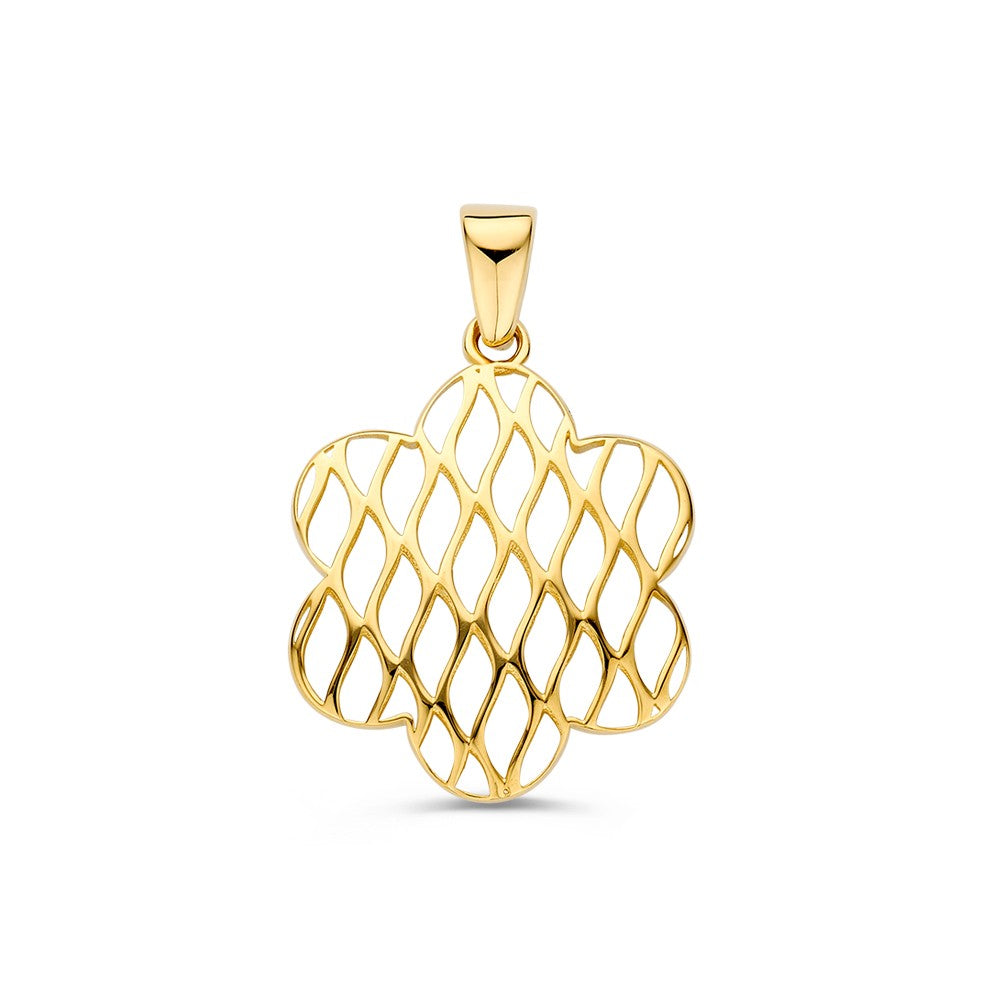 Ciondolo in oro giallo a forma di fiore con motivo intrecciato.