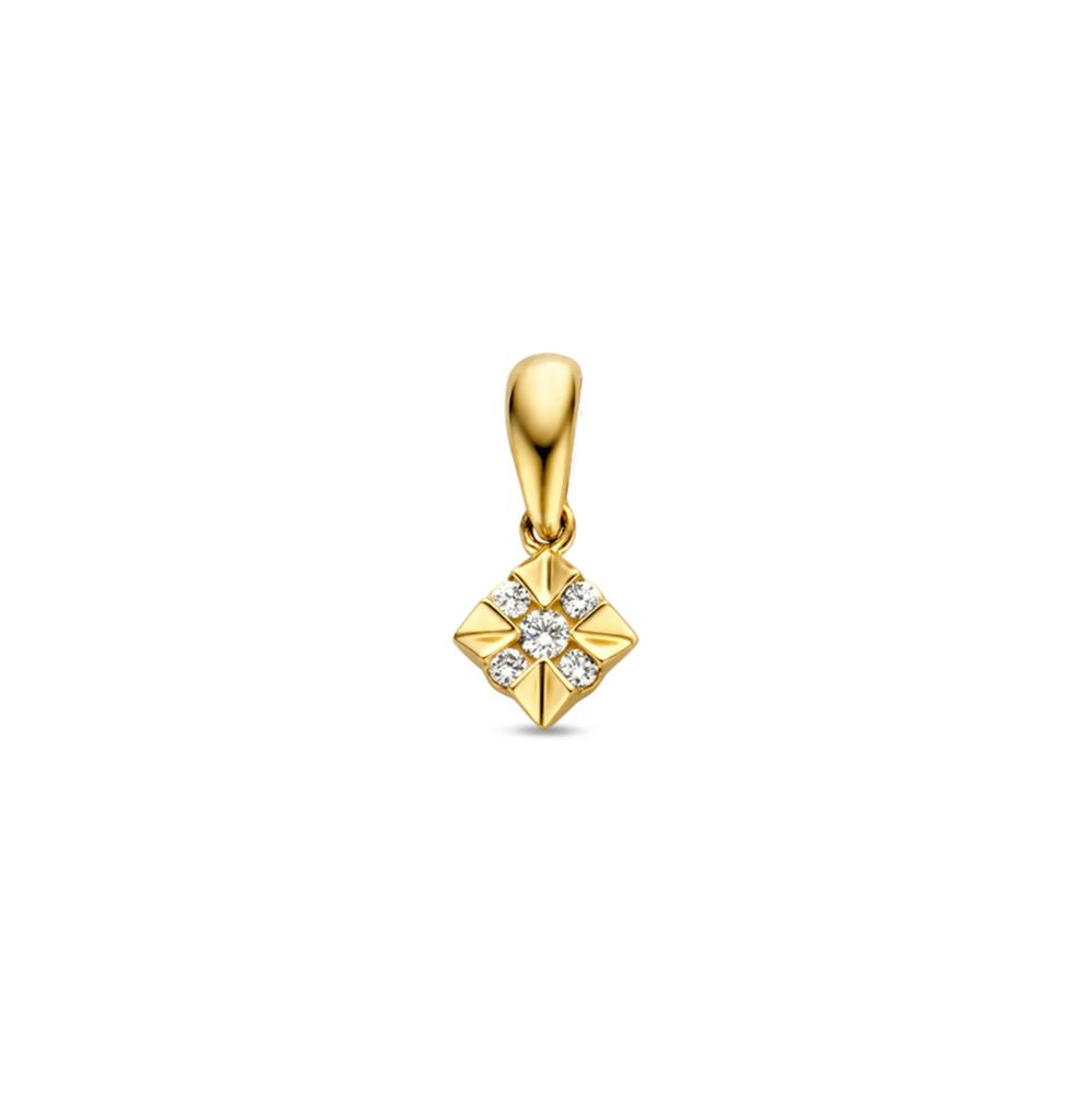 Ciondolo in oro giallo con diamanti, forma quadrata con dettagli geometrici.