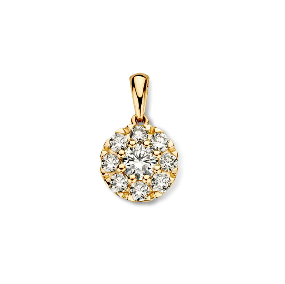 Ciondolo in oro giallo 14 carati con diamanti da 0,40 ct, design a entourage rotondo.
