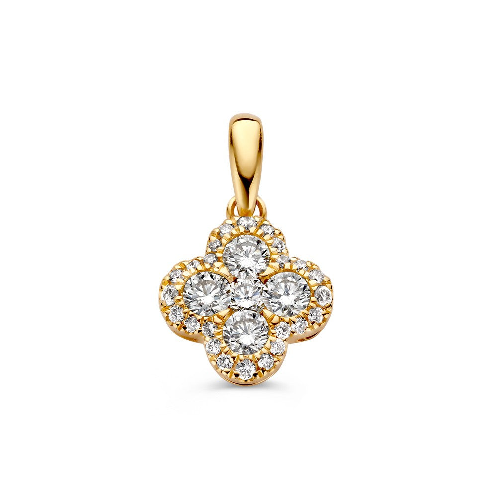 Ciondolo in oro giallo con diamanti da 0,48 crt, a forma di fiore con dettagli brillanti.
