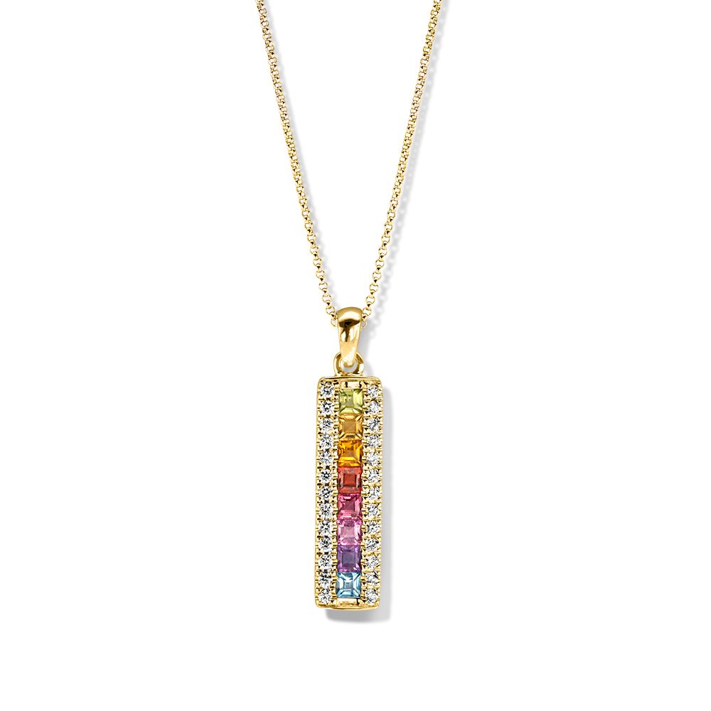 Ciondolo in oro giallo con pietre colorate e diamanti, forma rettangolare.
