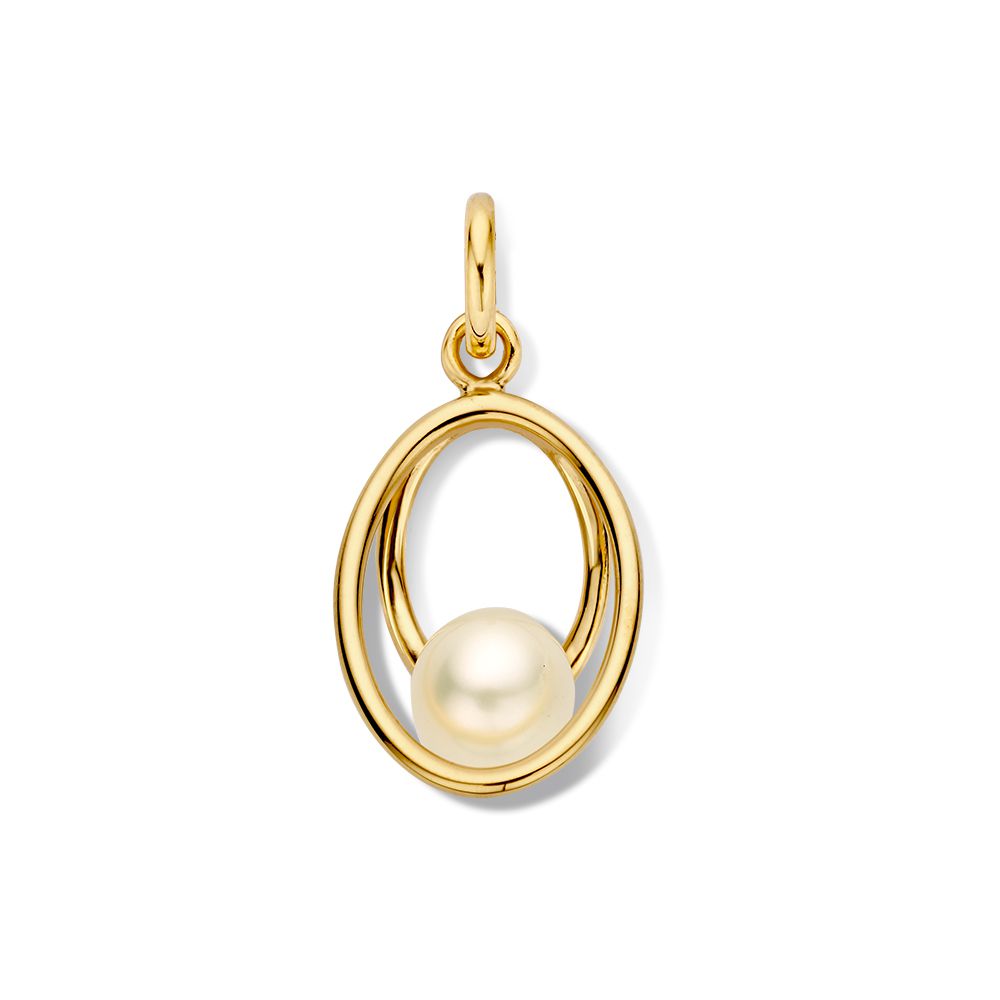 Ciondolo in oro giallo raffinato con perla d'acqua dolce, forma ovale.