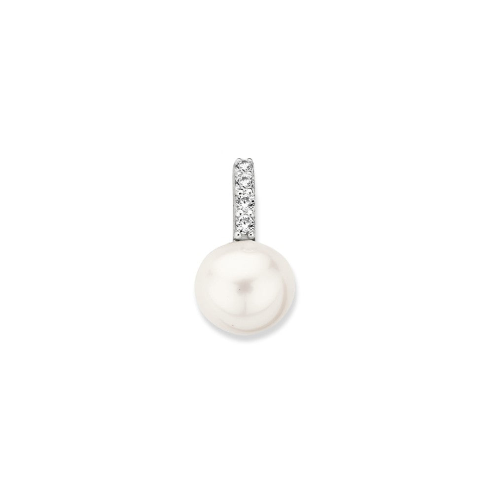 Ciondolo in oro giallo con zirconi e perla di acqua dolce, design rotondo.