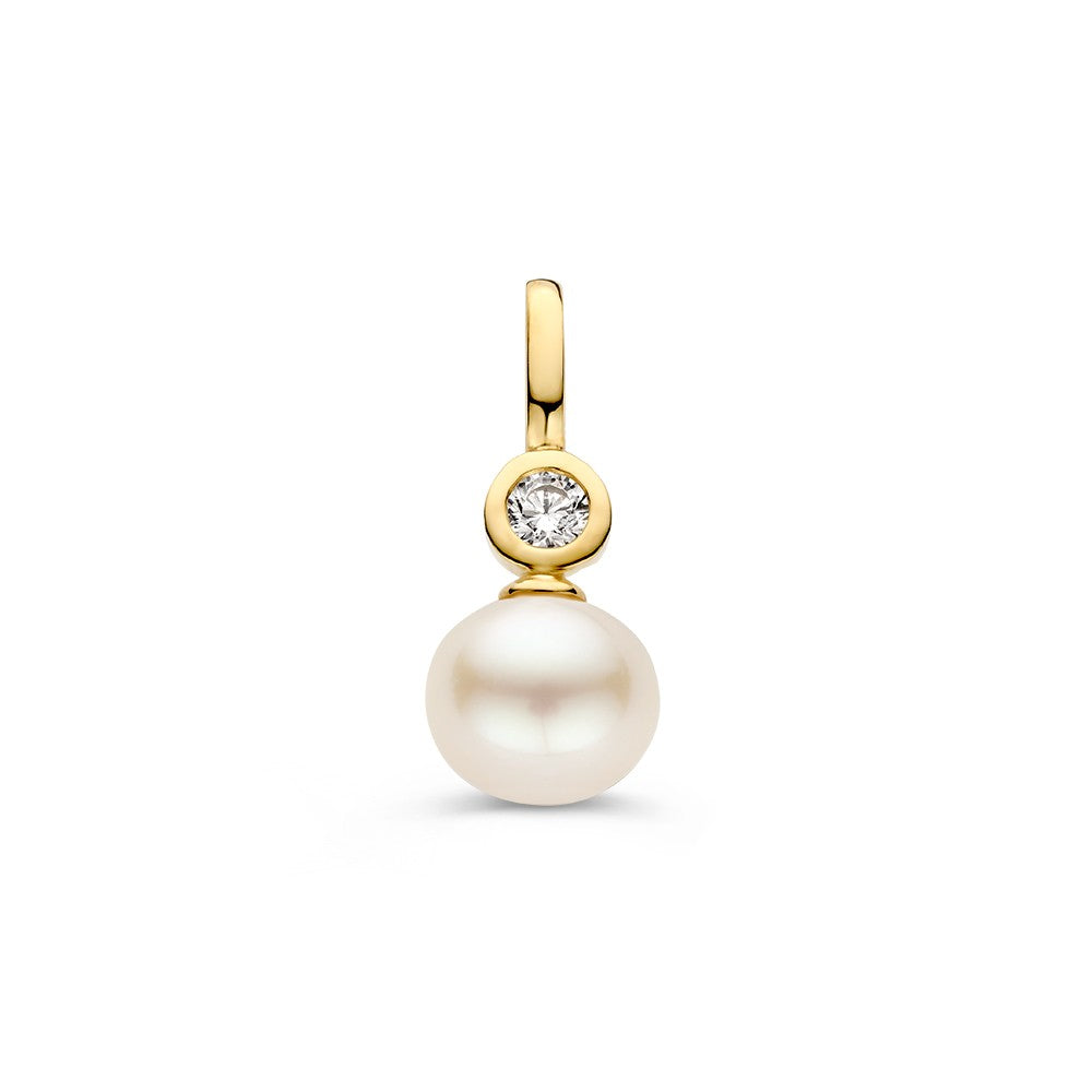 Ciondolo in oro giallo 14K con zircone e perla, forma rotonda e design elegante.