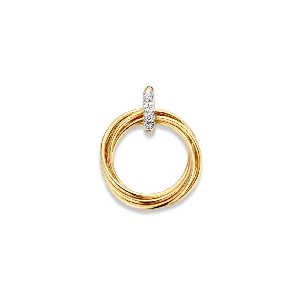 Ciondolo bicolore in oro con cerchi mobili e zirconi, 14 carati, 14 mm.