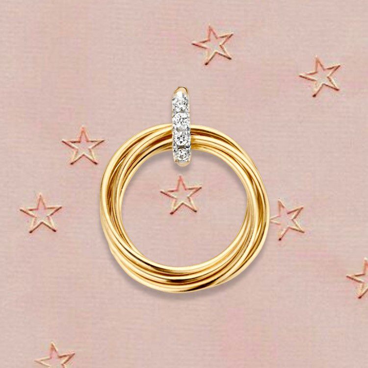 Ciondolo in oro bicolore con cerchietti mobili e zirconia - 14 carati, 1,1 grammi, 14 mm