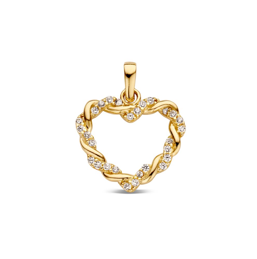 Ciondolo a forma di cuore in oro giallo con bandella intrecciata e zirconi.