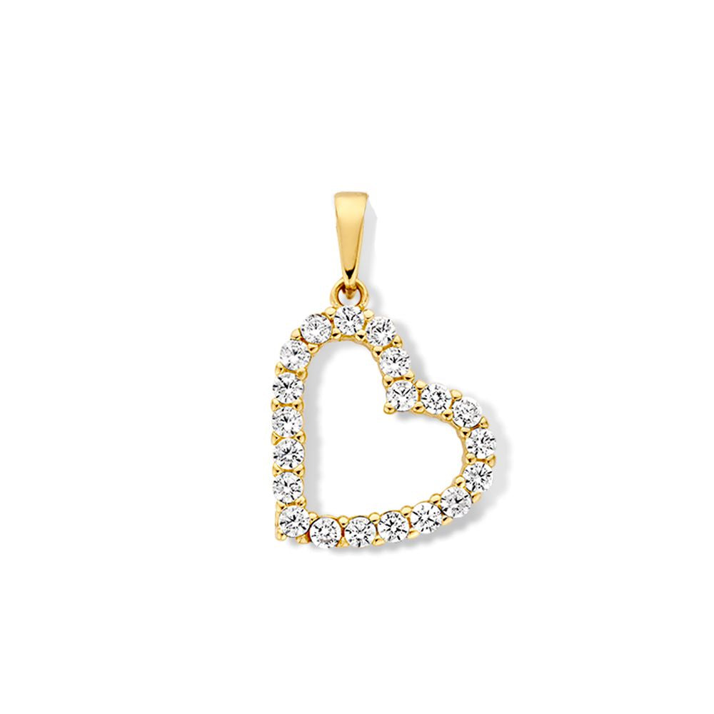 Ciondolo a forma di cuore in oro giallo con zirconi, dettagli scintillanti.