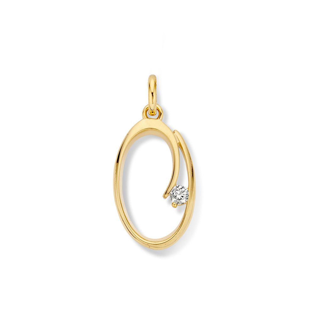 Ciondolo in oro giallo con zircone, forma ovale, lucido, dimensioni 22 mm x 11 mm.