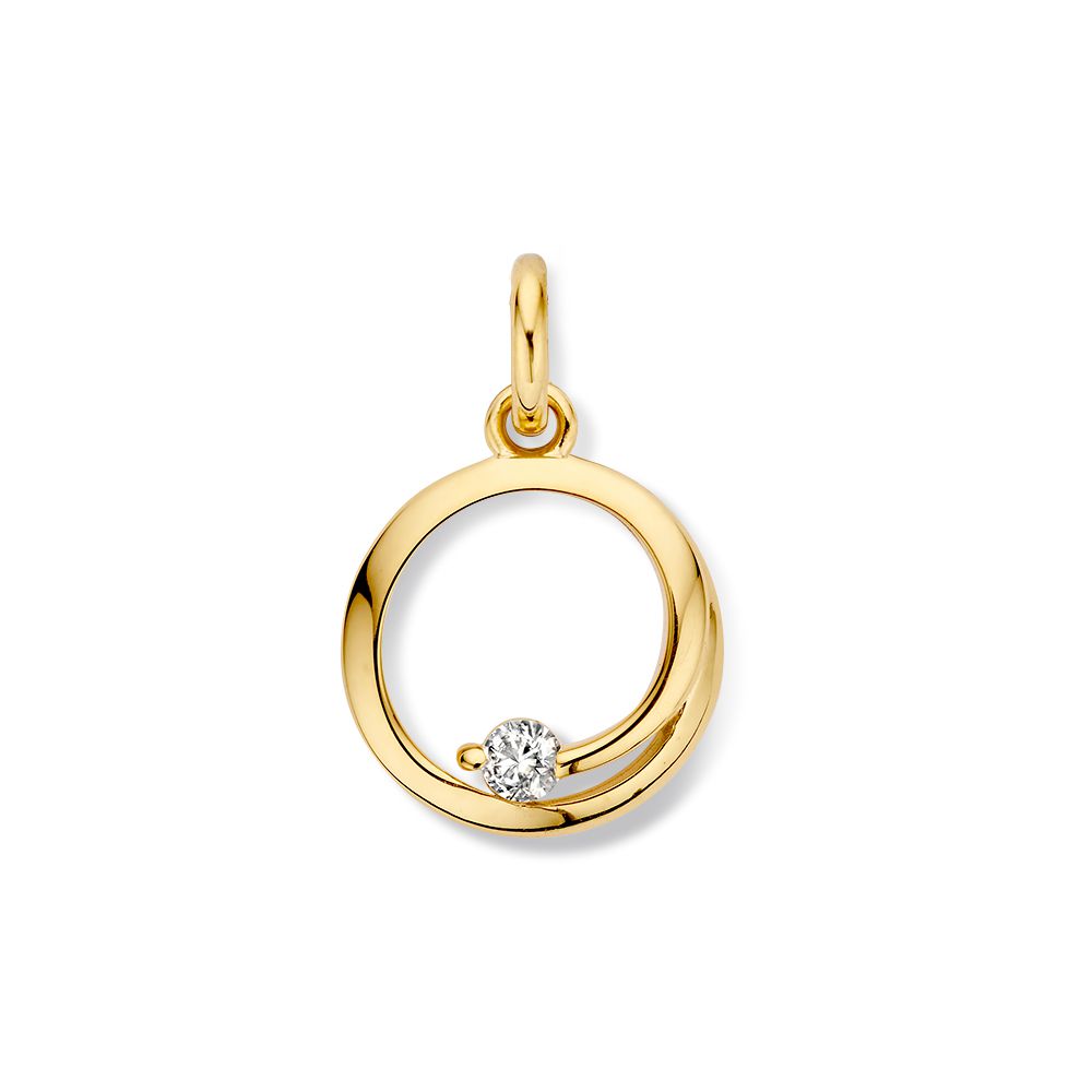 Ciondolo in oro giallo con zircone, forma circolare, 18 mm x 13 mm.