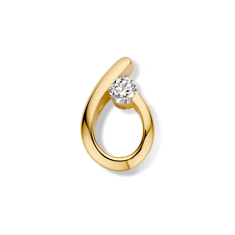 Ciondolo in oro giallo con zircone, forma a goccia, dimensioni 13 mm x 8,5 mm.