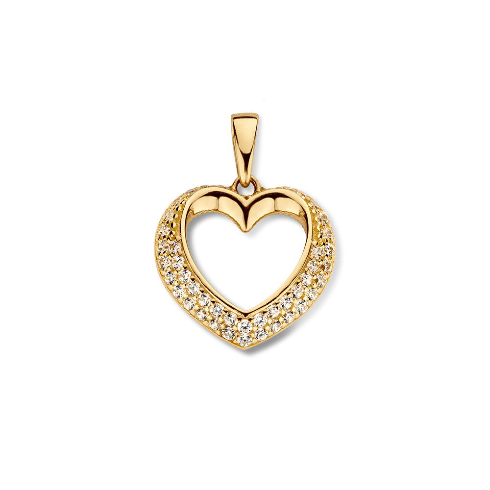 Ciondolo a forma di cuore in oro con design a sfera, decorato con zirconie.