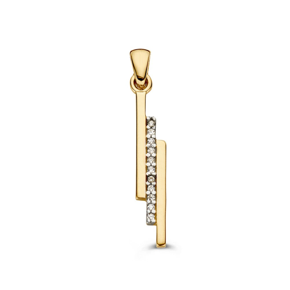 Ciondolo in oro giallo con design lineare, decorato con zirconi, lungo 30 mm.
