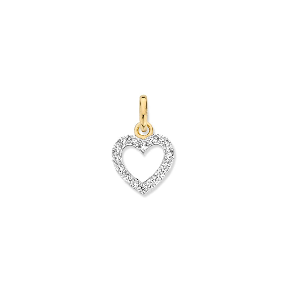 Ciondolo a forma di cuore bicolore in oro bianco e giallo con zirconi, 10 mm.