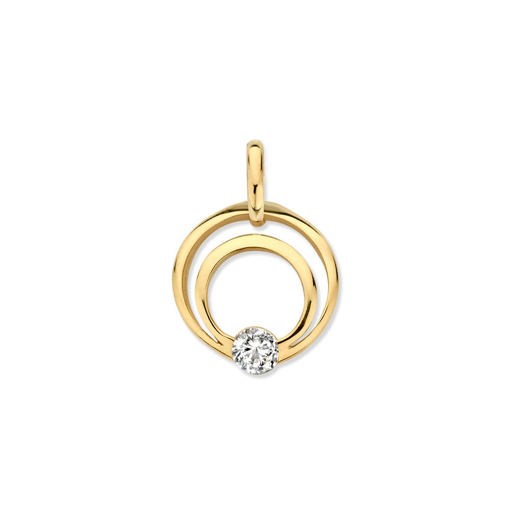 Ciondolo in oro giallo 14K con zircone, caratterizzato da due cerchi intrecciati e un brillante centrale.