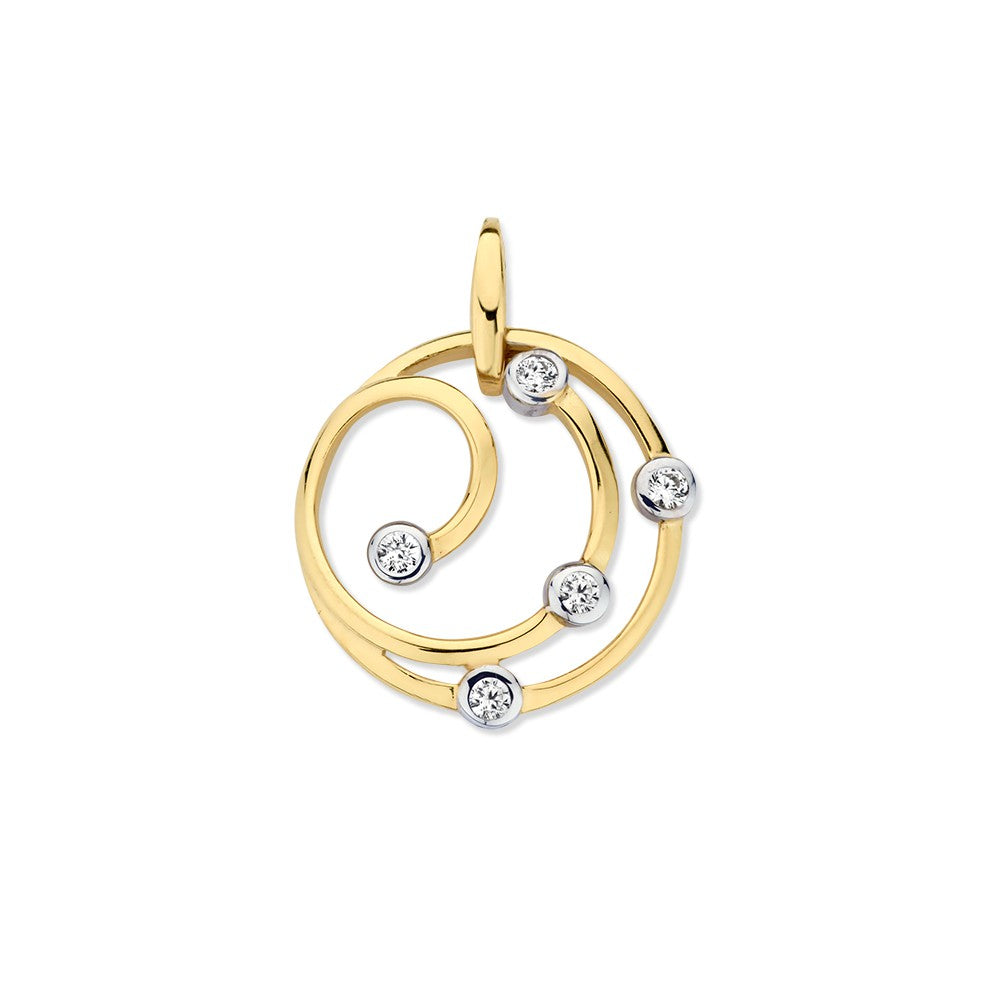 Ciondolo in oro giallo 14 carati con zircone, forma ondulata con dettagli lucidi.
