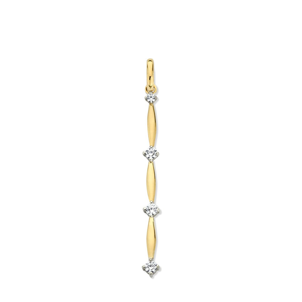 Orecchini pendenti in oro giallo 14 carati con zircone, design elegante e forme allungate.
