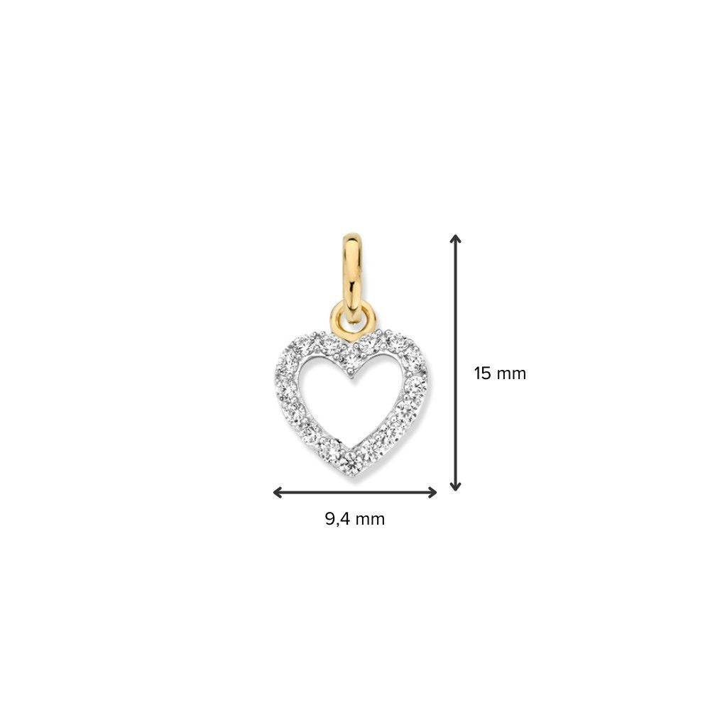 Ciondolo cuore bicolore in oro bianco e giallo con zirconi – 14 carati, 0,5 grammi, 10 mm