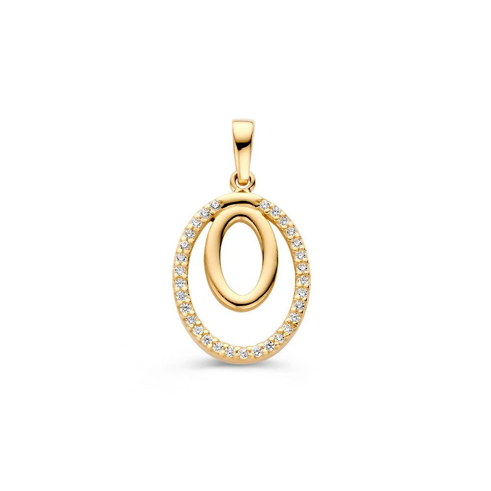 Ciondolo in oro giallo 14K con diamanti, design a doppio ovale.