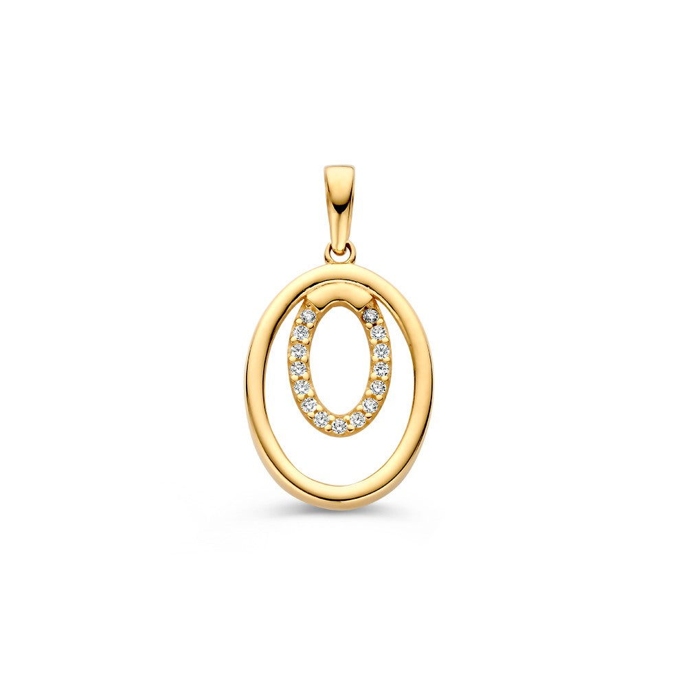 Ciondolo in oro giallo 14K con zircone, forma ovale con dettagli brillanti.