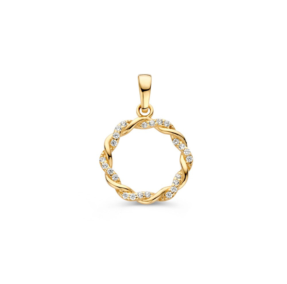 Ciondolo in oro giallo 14K con bandiera intrecciata e zircone, forma circolare.