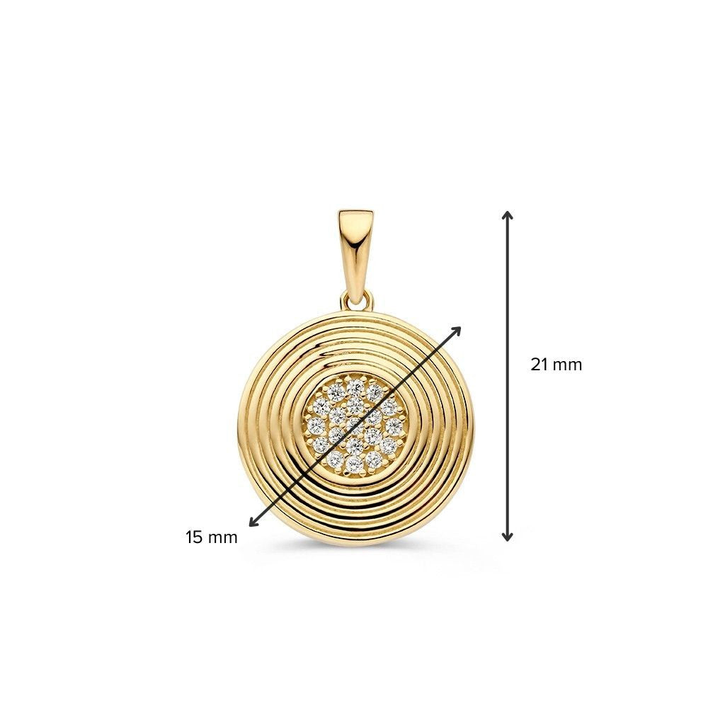 Ciondolo rotondo in oro giallo con bordo lavorato e cuore di zirconi – 14 carati, 1,6 grammi, 15 mm