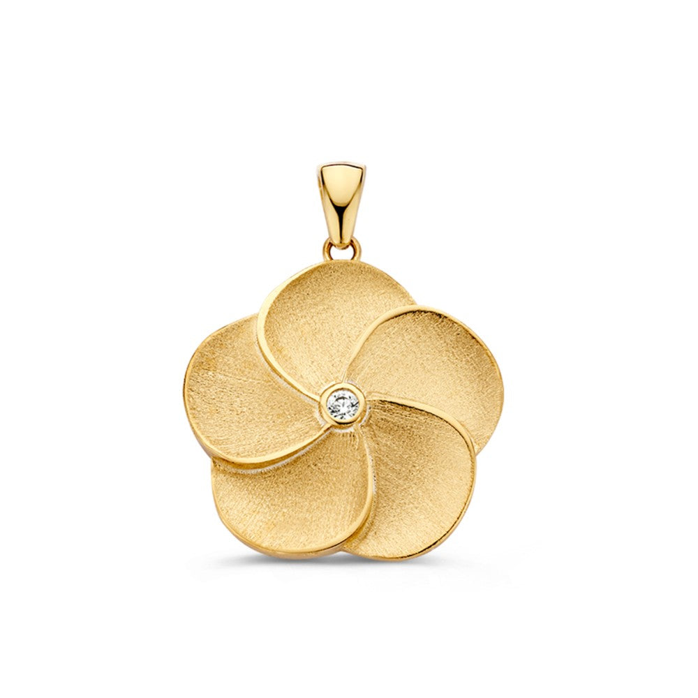Ciondolo a forma di fiore in oro con finitura opaca e zirconia al centro.
