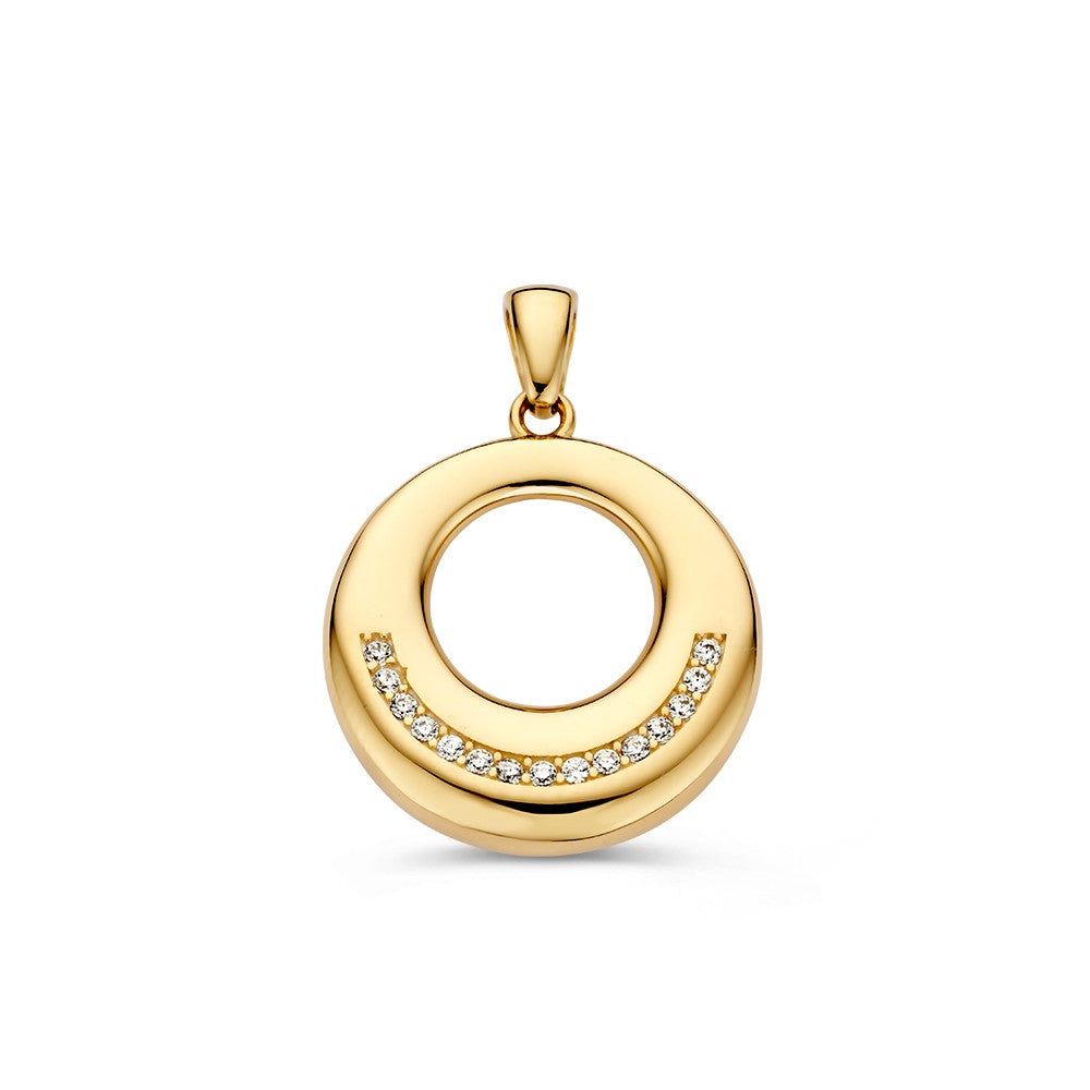 Ciondolo rotondo in oro giallo con zircone, caratterizzato da un design elegante e lucido.