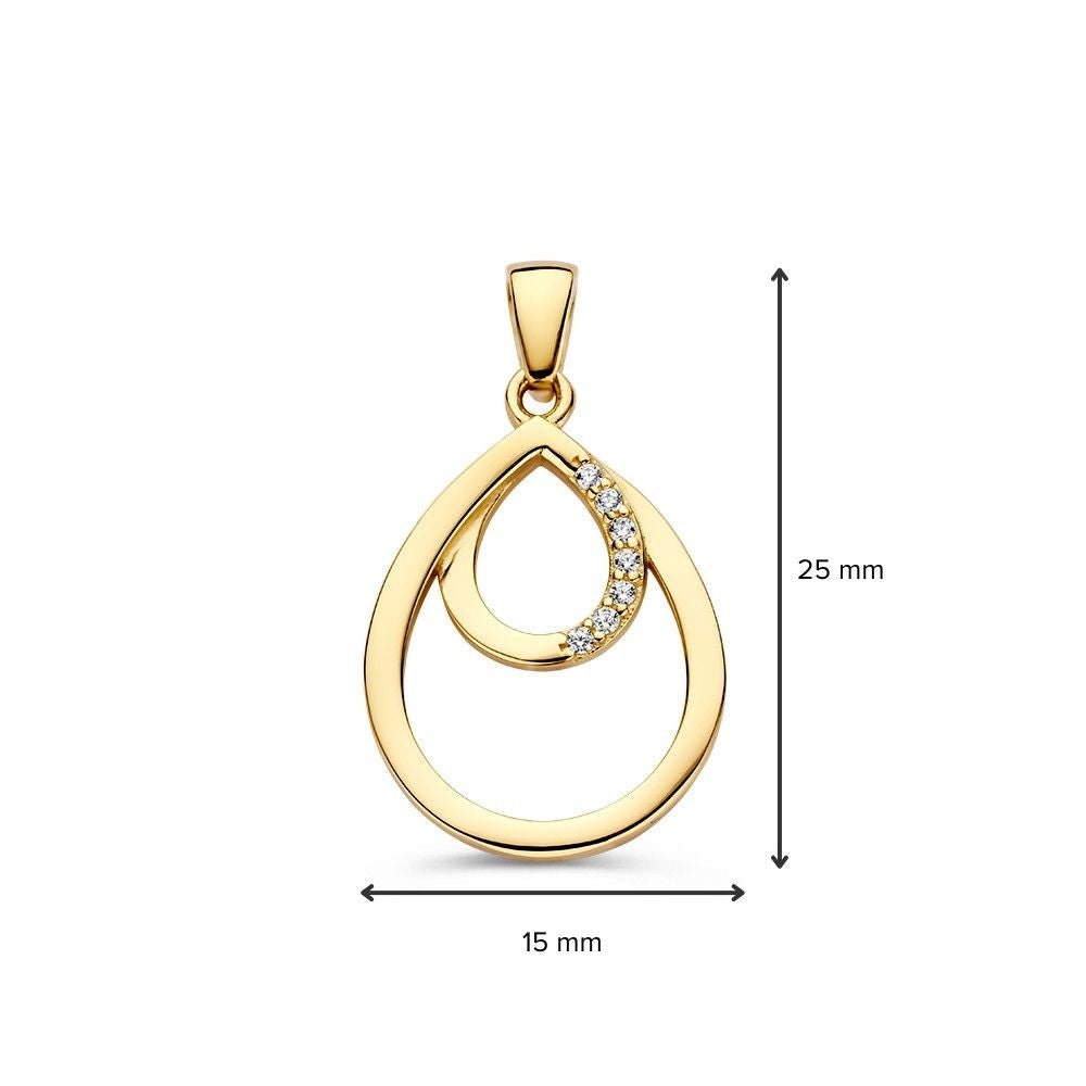 De Geelgouden Druppelvormige Hanger met Zirkonia - Elegante Luxe van Excellent Jewelry is een 25x15 mm gouden hanger met sprankelende zirkonia's en een kleiner, druppelvormig binnenstuk.
