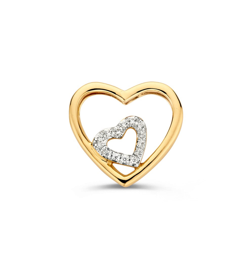 Ciondolo in oro giallo a forma di cuore intrecciato con zircone.