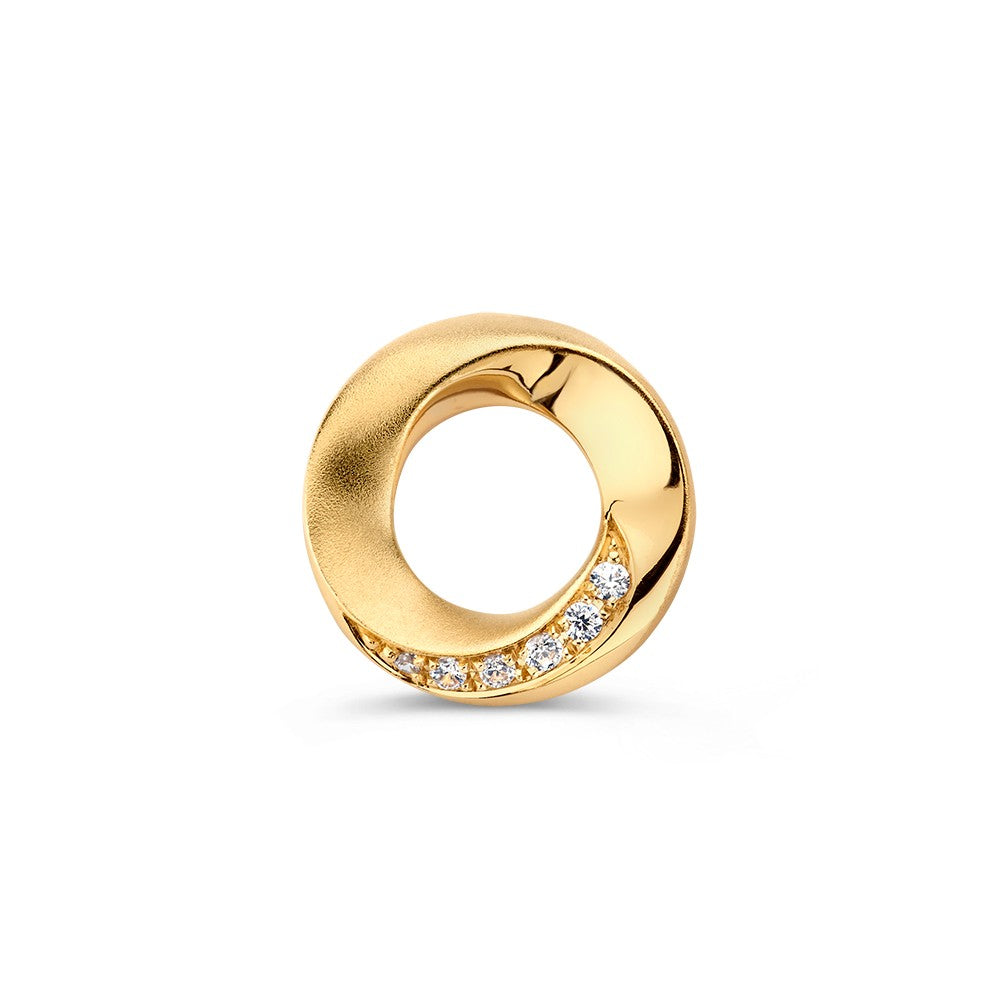 Ciondolo in oro giallo con banda intrecciata e zircone, 14 mm.