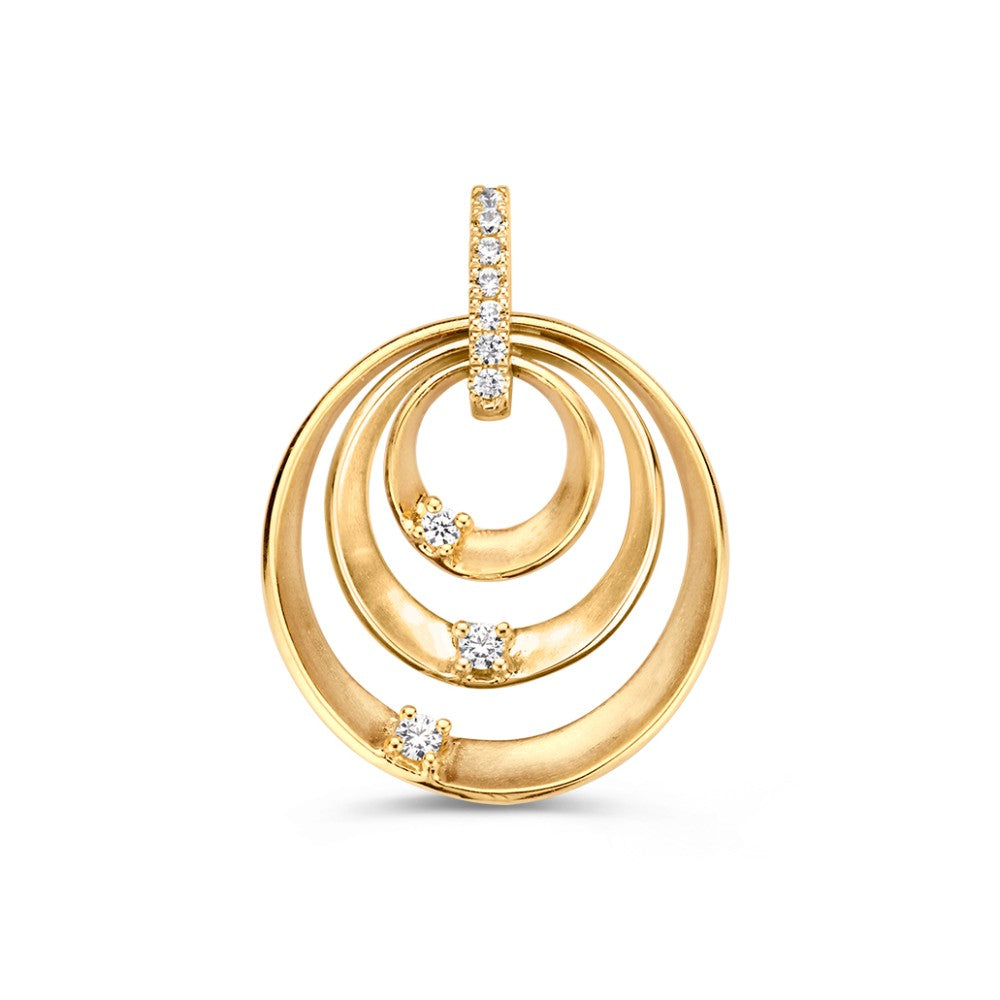 Ciondolo bicolore in oro bianco e giallo con zirconi, forma circolare, 16 mm.
