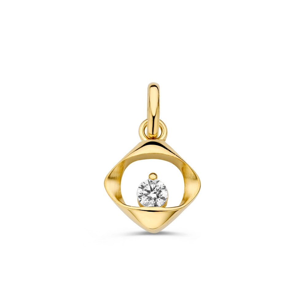 Ciondolo in oro giallo con zircone, forma ovale con pietra centrale.