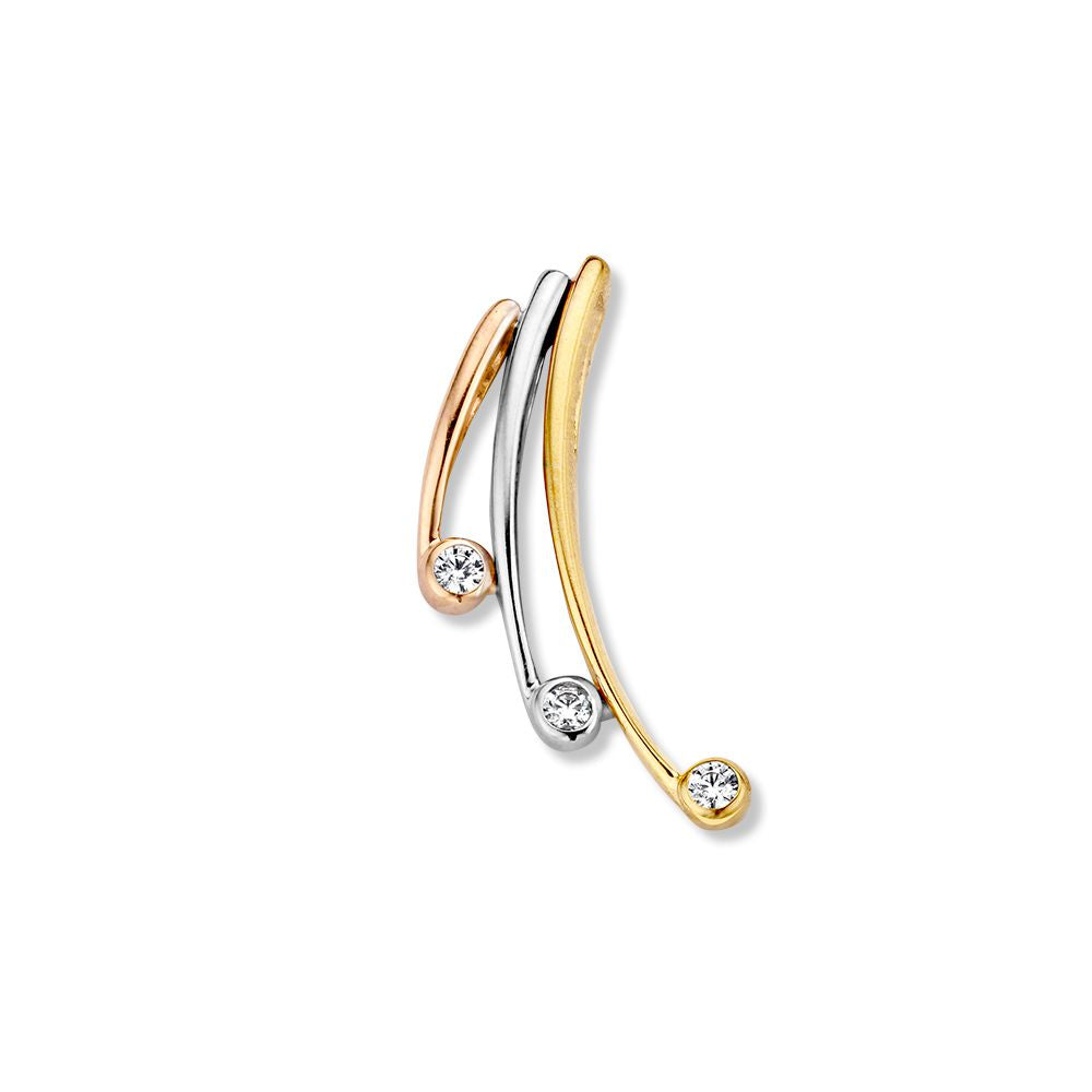 Ciondolo tricolore in oro 14 carati con zirconi bianchi, design elegante e fluido.