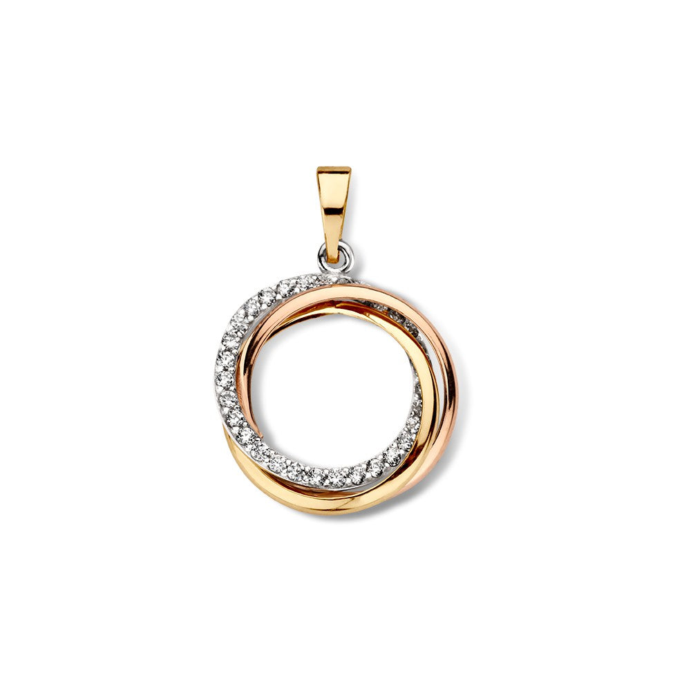 Ciondolo tricolore con cerchi intrecciati e zircone, in oro 14 carati, 20 mm x 15 mm.