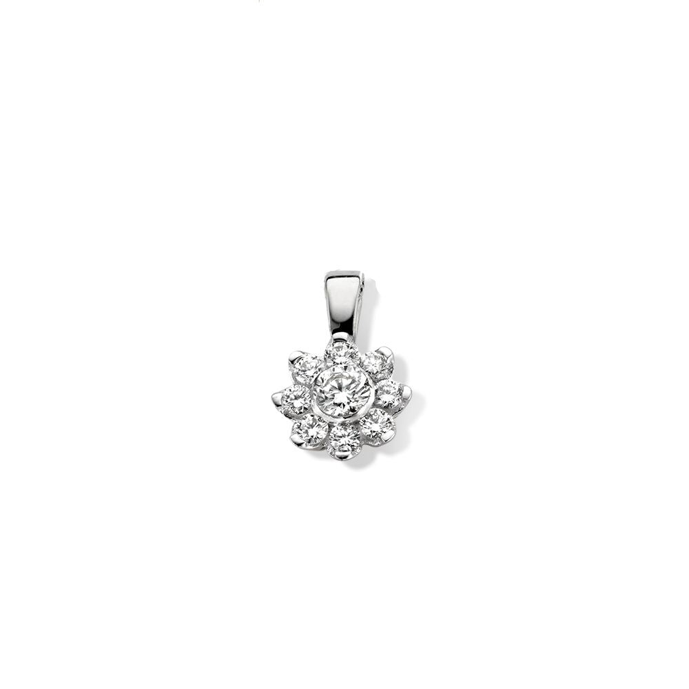 Ciondolo in oro bianco con diamante di 0,21 crt, design a fiori con brillanti.
