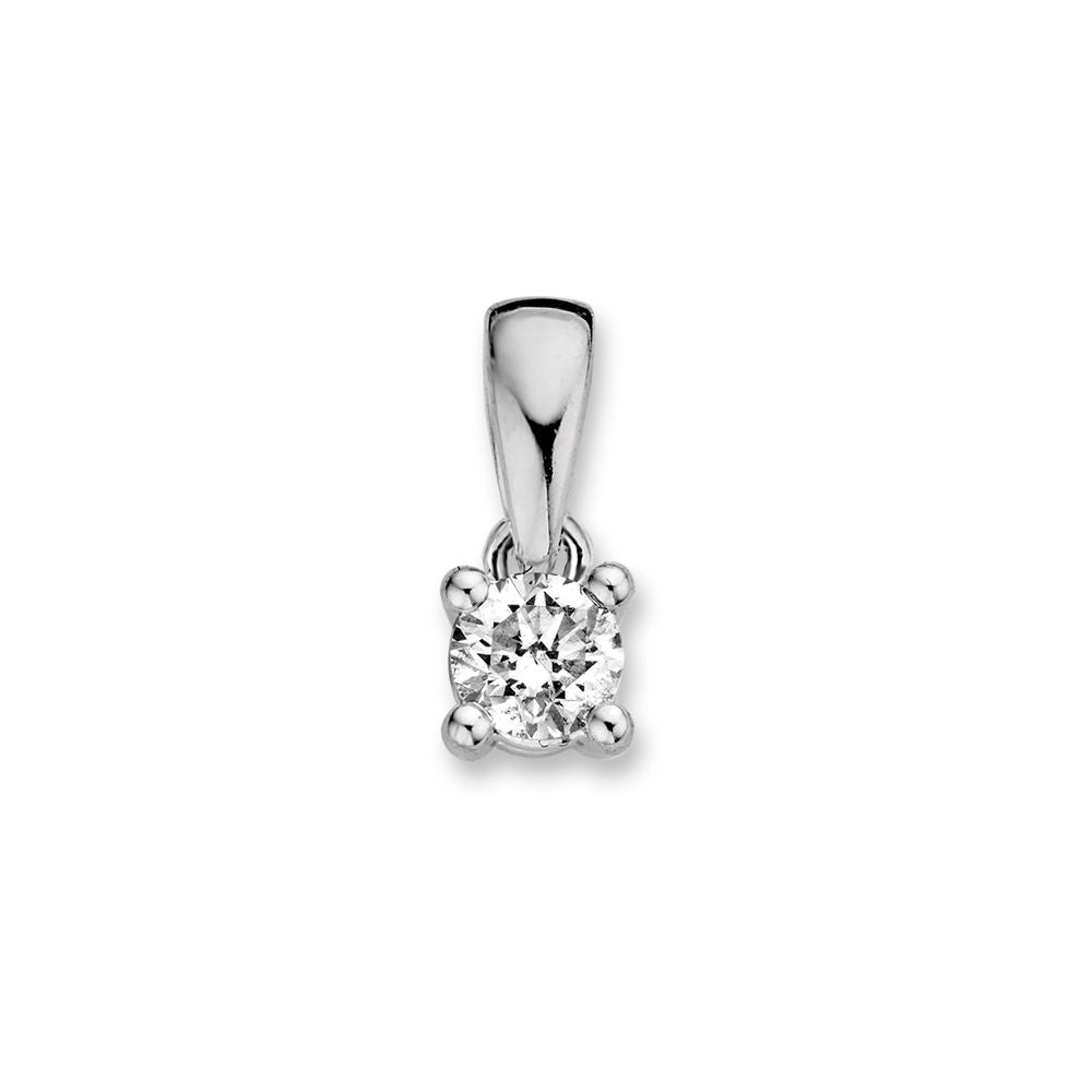 Ciondolo in oro bianco con diamante da 0,25 crt in montatura a quattro griffe.