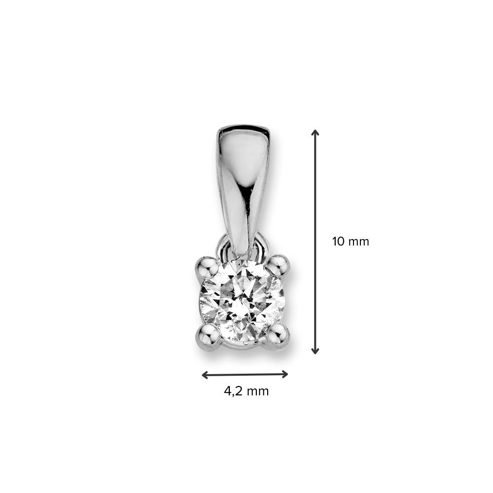 Ciondolo solitario in oro bianco con brillante da 0,30 crt in incastonatura a quattro griffe – 14 carati, 0,5 grammi, qualità H/SI-1