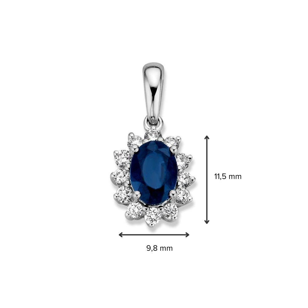 Ciondolo in oro bianco con zaffiro blu (1.00 ct) e diamante 0.27 ct – 14 carati, 1,3 grammi