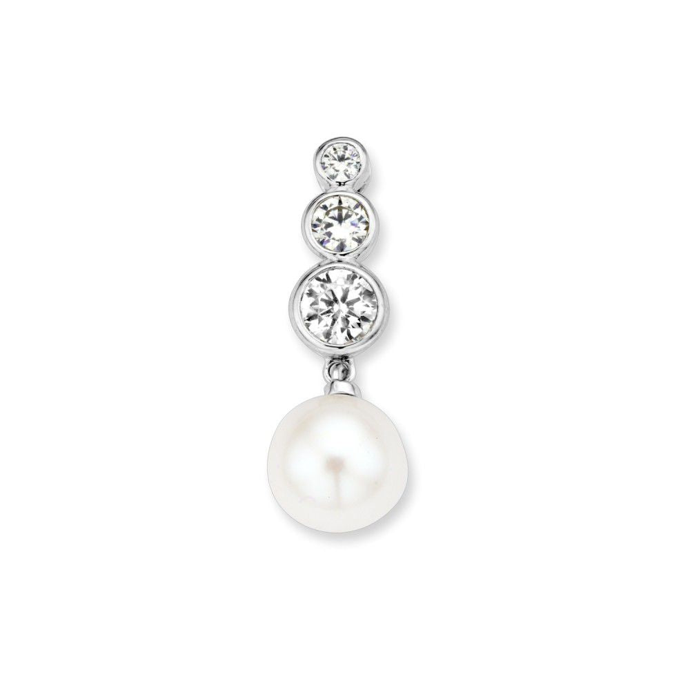Ciondolo in oro bianco con perla d'acqua dolce e zirconi, forma allungata, 21 mm.